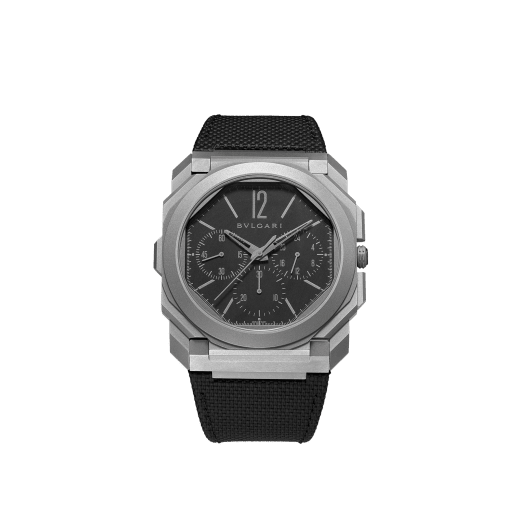 Octo Finissimo Chrono GMT watch with extra-thin mechanical manufacture chronograph and GMT movement, automatic winding with platinum peripheral rotor, titanium case, transparent case back, black dial and black rubber bracelet. Water-resistant up to 30 meters 103371 image 1