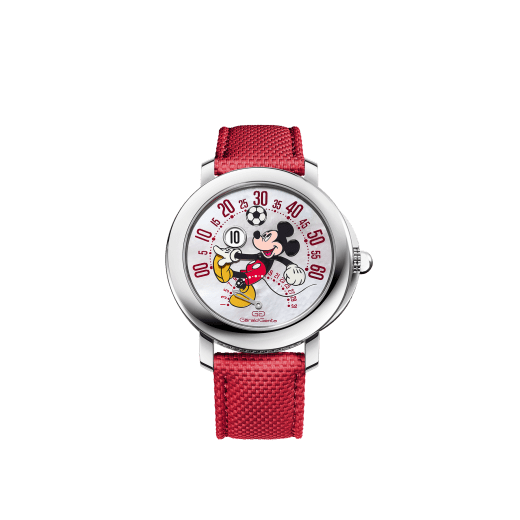 Gerald Genta Arena bi-retrograde watch with Disney’s Mickey Mouse playing football, mechanical manufacture movement with automatic bi-directional winding, jumping hours and retrograde minutes, 42 hours of power reserve, 41 mm polished stainless steel case, transparent case back, mother-of-pearl dial with lacquered Mickey Mouse arm hand and textured red rubber bracelet. Water-resistant up to 100 metres. Limited edition of 200 pieces. 103786 image 1