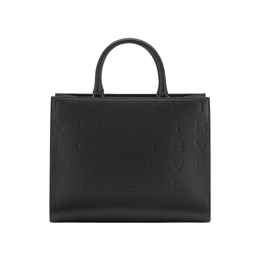 Bulgari Logo medium tote bag in black calf leather with hot-stamped Infinitum pattern on the main body and teal topaz green grosgrain lining. Light gold-plated brass hardware and magnet closure. BVL-1251M-ICL image 2