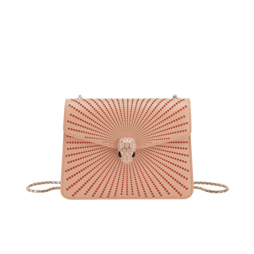 Serpenti Forever crossbody bag in ivory opal laser-cut calf leather with caramel topaz beige nappa leather lining. Captivating snakehead closure in light gold-plated brass embellished with matte and shiny ivory opal enamel scales and black onyx eyes. 422-LCL image 1