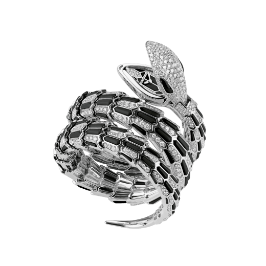 Serpenti Secret Watch with 18 kt white gold head set with brilliant cut diamonds and onyx eyes, 18 kt white gold case, 18 kt white gold dial and double spiral bracelet, both set with brilliant cut diamonds and onyx. 102144 image 1