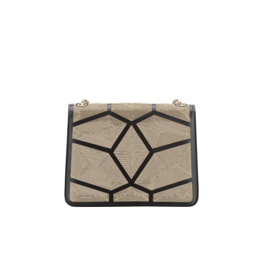 “Serpenti Forever” crossbody bag in black calf leather with a Million Chain motif. Iconic snake head closure in light gold plated brass enriched with black enamel and black onyx eyes. 422-CP image 3