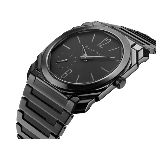 Octo Finissimo watch in sandblasted polished black ceramic with extra-thin mechanical manufacture movement, automatic winding, platinum microrotor, small seconds, transparent case back and sandblasted black ceramic dial. Water-resistant up to 30 meters 103368 image 2
