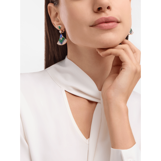 Divas' Dream 18 kt rose gold earrings set with round diamonds, pear-shaped tanzanites, fancy-cut blue sapphires, malachite elements and pavé diamonds 361441 image 1
