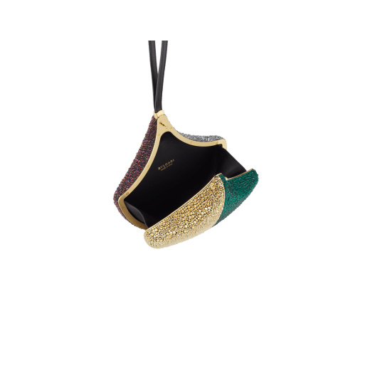 Clutch Ginkgo con pavé di cristalli oro e argento applicati su pelle scamosciata, fodera in nappa nera e cinturino da polso in pelle. DAS-001-1320S-CRYS image 3