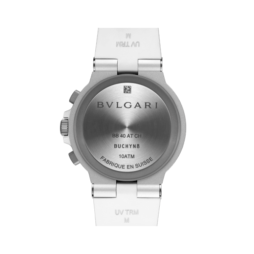 Bvlgari Aluminium Special Edition Chronograph watch with mechanical manufacture movement, automatic winding and chronograph, 40 mm sandblasted aluminium case, white rubber bezel and bracelet, and varnish white dial. Water-resistant up to 100 metres 104235 image 4