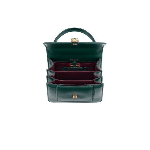 "Serpenti Forever" small maxi chain top handle bag in Forest Emerald green nappa leather, with an Deep Garnet bordeaux nappa leather internal lining. New Serpenti head closure in gold-plated brass, finished with small green malachite scales in the middle, and red enamel eyes. 1133-MCNa image 4