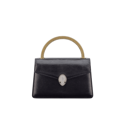 Mini borsa a mano Serpenti Pallini in lucertola nera con fodera in nappa nera. Accattivante impugnatura Pallini in ottone placcato oro e chiusura magnetica Serpenti in ottone placcato oro con pavé di zirconi e occhi in onice nera. 295058 image 1