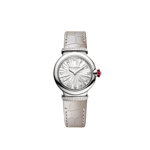 LVCEA watch with polished stainless steel case, white mother-of-pearl marquetry dial, 11 diamond indexes, stainless steel links set with diamonds and grey alligator bracelet. Water-resistant up to 50 metres 103367 image 1