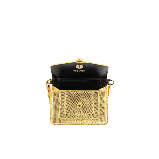 Serpenti Forever miniature bag charm in gold Molten karung skin with black nappa-leather interior. Captivating snakehead press-stud fastening in gold-plated brass embellished with red enamel eyes. SERP-BAG-CHARM-MoltK image 2