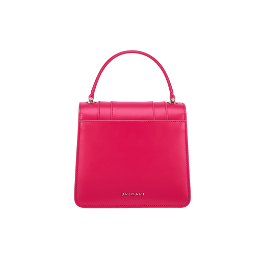 “Serpenti Forever ” top-handle bag in Lavender Amethyst lilac calf leather with Reef Coral red grosgrain inner lining. Iconic snakehead closure in light gold-plated brass embellished with black and white agate enamel and green malachite eyes. 1122-CLb image 3
