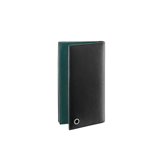 BULGARI BULGARI Man large yen wallet in black Urban grain calf leather with forest emerald green Urban grain calf leather interior. Iconic dark ruthenium plated-brass décor enamelled in matte black, and folded closure. BBM-WLTYENASYMa image 1
