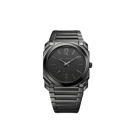 Octo Finissimo watch in sandblasted polished black ceramic with extra-thin mechanical manufacture movement, automatic winding, platinum microrotor, small seconds, transparent case back and sandblasted black ceramic dial. Water-resistant up to 30 meters 103368 image 1