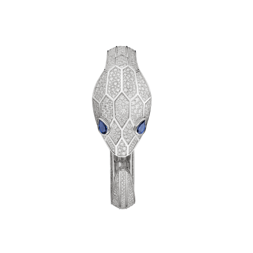 Serpenti Misteriosi Secret Watch in 18 kt white gold case and bangle bracelet, both set with round brilliant-cut diamonds, diamond full pavé dial and pear-shaped sapphire eyes. Small size 102989 image 2