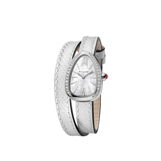 Serpenti watch with stainless steel case set with diamonds, white mother-of-pearl dial and interchangeable double spiral bracelet in white karung leather. 102781 image 2