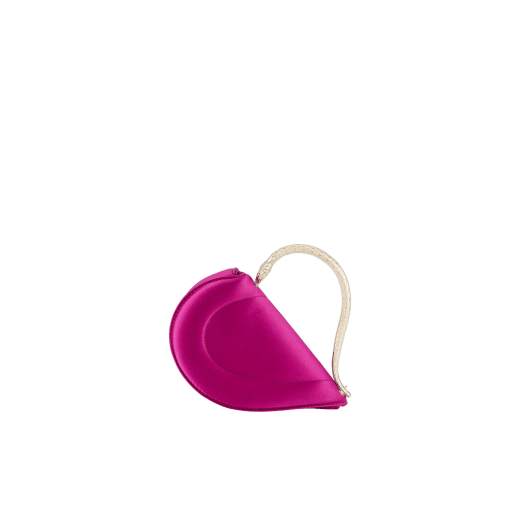 Serpenti Cuoricino mini top handle bag in magenta satin with magenta nappa leather lining. Captivating snake body-shaped top handle in light gold-plated brass embellished with engraved scales; press-button closure. SRN-001-1366XS image 5