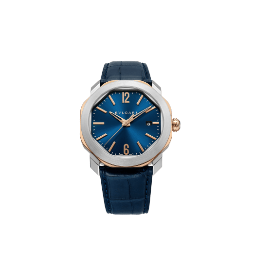 Octo Roma watch with mechanical manufacture movement, automatic winding, stainless steel and 18 kt rose gold case, blue dial and blue alligator bracelet. Water resistant up to 50 metres 103205 image 1