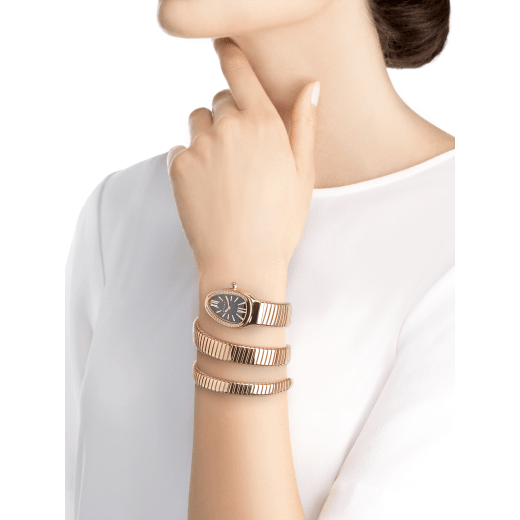 Serpenti Tubogas double spiral watch with 18 kt rose gold case set with brilliant cut diamonds, black opaline dial and 18 kt rose gold bracelet. 101814 image 3