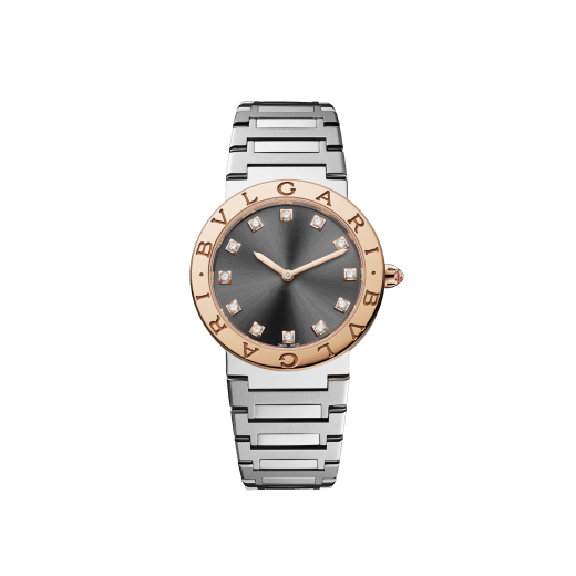 BULGARI BULGARI watch with polished and satin-brushed stainless steel case and bracelet, 18 kt rose gold bezel engraved with double logo, anthracite lacquered dial and 12 diamond indexes. Water-resistant up to 30 meters. 103757 image 1