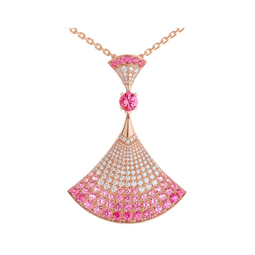 DIVAS’ DREAM Halskette mit Anhänger aus 18 Karat Roségold mit einem zentralen rosafarbenen Saphir und weiteren rosafarbenen Saphiren (insgesamt 3,53 Karat), runden Rubinen (0,81 Karat), runden Diamanten (0,16 Karat) und Diamant-Pavé (0,85 Karat) 358114 image 3