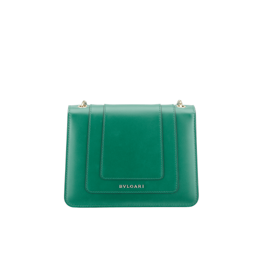 Serpenti Forever small crossbody bag in emerald green calf leather with amethyst purple grosgrain lining. Captivating snakehead closure in light gold-plated brass embellished with black and white agate enamel scales and green malachite eyes. 422-CLa image 3