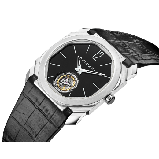 Octo Finissimo Tourbillon watch with extra thin mechanical manufacture movement and manual winding, platinum case, black lacquered dial and black alligator bracelet. 102138 image 3