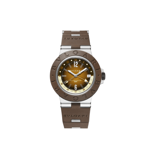 Bvlgari Aluminium GMT x Fender® watch with mechanical movement, automatic winding, GMT 24h function, 40 mm aluminium case, brown rubber bezel and bracelet, and brown and cream gradient dial. Limited Edition of 1.200 pieces 104117 image 1