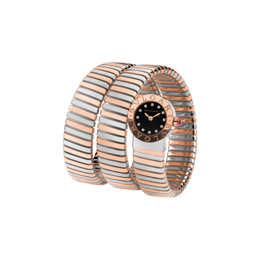 BVLGARI BVLGARI Tubogas Uhr mit Gehäuse und doppelt geschwungenem Armband aus Edelstahl und 18 Karat Roségold, schwarz lackiertem Zifferblatt und Diamantindizes 102496 image 1