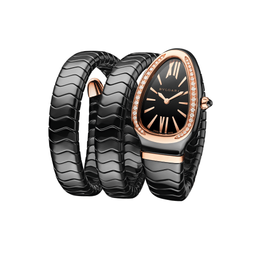 Serpenti Spiga Lady watch, 35 mm black ceramic curved case, 18 kt rose gold bezel set with diamonds , 18 kt rose gold crown set with a cabochon cut ceramic element, black lacquered polished dial, double spiral black ceramic bracelet with 18 kt rose gold elements. Quartz movement, hours and minutes functions. Water proof 30 m. 102885 image 1