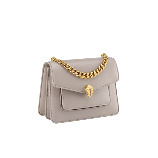 Serpenti Forever Maxi Chain small crossbody bag in foggy opal gray Metropolitan calf leather with linen agate beige nappa leather lining. Captivating snakehead magnetic closure in gold-plated brass embellished with gray agate scales and red enamel eyes. 1134-MCMC image 2