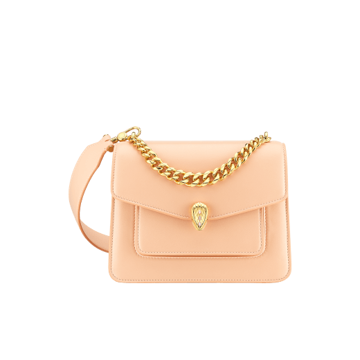 "Serpenti Forever" small maxi chain crossbody bag in peach nappa leather, with Lavander Amethyst lilac nappa leather internal lining. New Serpenti head closure in gold plated brass, finished with small pink mother-of-pearl scales in the middle and red enamel eyes. 1134-MCNa image 1