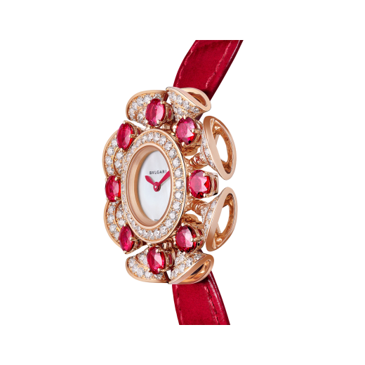 DIVAS' DREAM High Jewelry watch with 18 kt rose gold case set with round brilliant-cut diamonds (F-G VVS, ~2 ct) and 8 brilliant-cut rubies (~3.6 ct), mother-of-pearl dial and red alligator bracelet. Water-resistant up to 30 meters. 103754 image 3