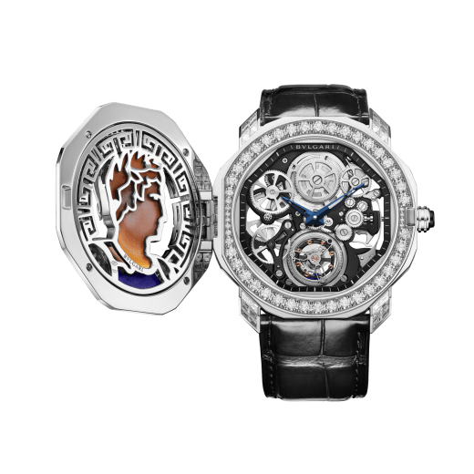 Octo Roma Secret Watch Cameo Imperiale with mechanical manufacture ultra-thin skeletonised movement, flying tourbillon, platinum case set with diamonds, platinum cover embellished with a cameo of Emperor Caesar Augustus set with diamonds and lapis lazuli, transparent caseback and black alligator bracelet. Water-resistant up to 30 metres 103684 image 3