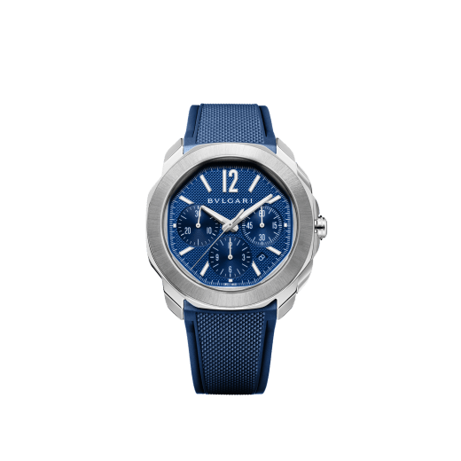 Octo Roma Chronograph watch with mechanical manufacture movement, automatic winding and chronograph functions, satin-brushed and polished stainless steel case and interchangeable bracelet, blue Clous de Paris dial. Water-resistant up to 100 meters. 103829 image 6