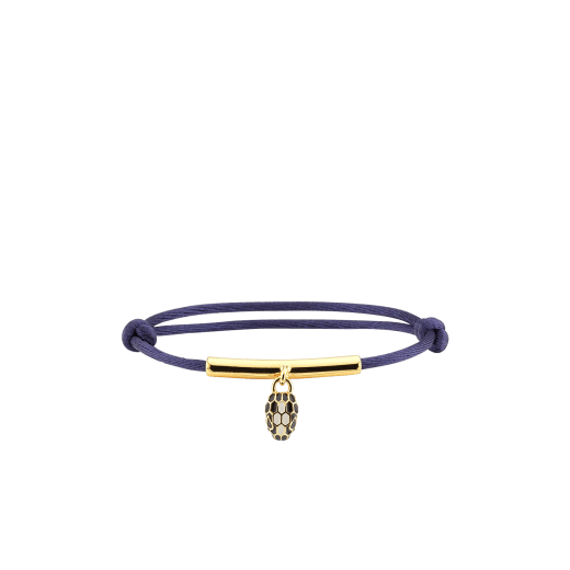 "Serpenti Forever" bracelet in Midnight Sapphire blue fabric, with a gold-plated brass plate. Iconic snakehead charm enamelled in black and white agate, with seductive black enamel eyes. SERP-MINISTRINGb image 1