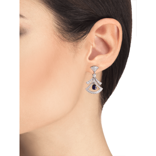 DIVAS' DREAM 18 kt white gold openwork earrings, set with pear-shaped sapphires, round brilliant-cut and pavé diamonds. 357324 image 4