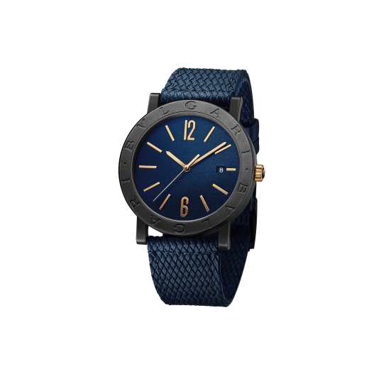 BVLGARI BVLGARI watch with mechanical manufacture movement, automatic winding and date, stainless steel case treated with Diamond Like Carbon and logo engraving on the bezel, blue dial and a blue rubber bracelet. 103133 image 1