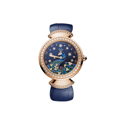 DIVAS' DREAM watch with mechanical manufacture movement, automatic winding, jumping hours and retrograde minutes (180°). 18 kt rose gold case, 18 kt rose gold bezel and fan-shaped links both set with brilliant-cut diamonds, aventurine dial with miniature painted peacock, stars and indexes in brilliant-cut diamonds, blue alligator strap 103114 image 1