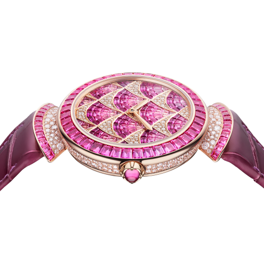 DIVAS' DREAM MOSAICA watch with automatic movement, 18 kt rose gold case fully set with round brilliant-cut diamonds, 18 kt rose gold bezel set with baguette-cut pink sapphires, Caracalla pattern dial set with baguette-cut diamonds, rubellites and pink sapphires, 18 kt rose gold links set with round brilliant-cut diamonds and baguette-cut pink sapphires and pink alligator bracelet 103492 image 2