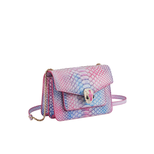 Serpenti Forever small crossbody bag in multicolour Spring Shade python skin with azalea quartz pink nappa leather lining. Captivating magnetic snakehead closure in light gold-plated brass embellished with ivory opal and azalea quartz pink enamel scales and black onyx eyes. 292138 image 2