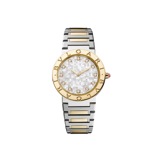 Orologio Bvlgari Bvlgari in oro giallo 18 kt e acciaio inossidabile lucido e satinato-spazzolato, lunetta con doppio logo, quadrante in madreperla bianca e indici con 12 diamanti. Impermeabile fino a 30 metri. 104278 image 1