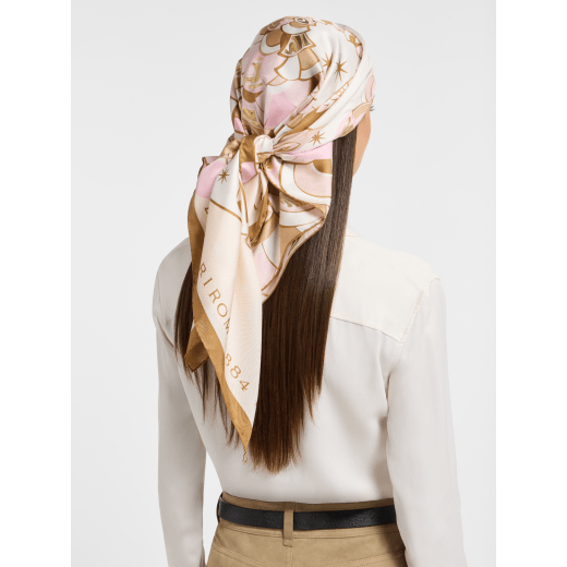 Peacock Lux scarf in fine light pink silk twill with a Bvlgari Bvlgari metal pendant. Made of 100% silk. PEACOCKLUX-SQ image 1