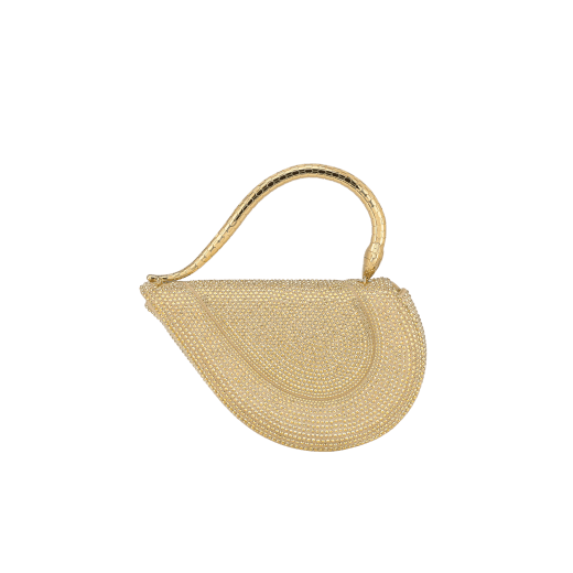 Serpenti Cuore 1968 top handle bag with gold Neige Pavé Crystals applied on a suede base and bright travertino nappa internal lining. Captivating snake body-shaped top handle in gold-plated brass embellished with engraved scales and zirconia eyes; press-button closure. SRN-001-1326S-CRYS image 3
