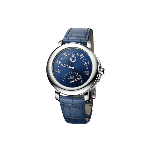 Gerald Genta 50th Anniversary Arena Bi-retro watch with mechanical manufacture movement, bidirectional automatic winding, jumping hours, retrograde minutes (210°) and date (180°), 41 mm platinum case, blue lacquered dial and blue alligator bracelet 103191 image 1