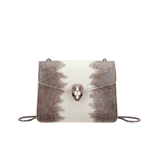 Serpenti Forever small crossbody bag in white agate shiny lizard skin with beige and grey shades, and with caramel topaz beige nappa leather lining. Captivating snakehead closure in dark ruthenium-plated brass embellished with brown-green and ivory opal enamel scales and black onyx eyes. 422-L image 1