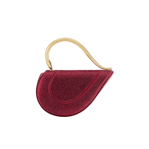 Serpenti Cuore 1968 top handle bag with gold Neige Pavé Crystals applied on a suede base and bright travertino nappa internal lining. Captivating snake body-shaped top handle in gold-plated brass embellished with engraved scales and zirconia eyes; press-button closure. SRN-001-1367S-CRYS image 1