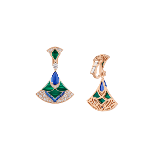 Divas' Dream 18 kt rose gold earrings set with round diamonds, pear-shaped tanzanites, fancy-cut blue sapphires, malachite elements and pavé diamonds 361441 image 3