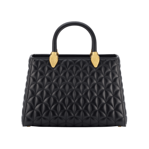 Serpentine Day Duo top handle bag in black calf leather with Calla matelassé motif and black nappa leather lining. Captivating double-head snake body-shaped handles in gold-plated brass embellished with matching calf leather inserts. SRN-001-1315M image 2