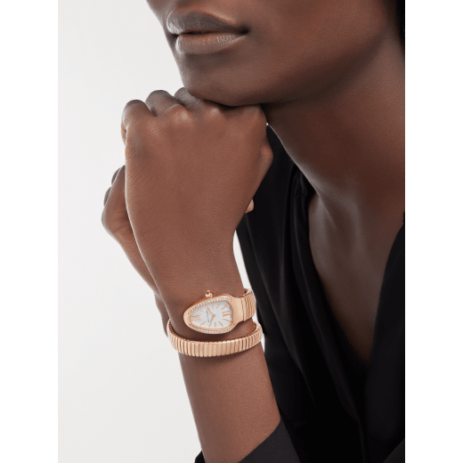 Serpenti Tubogas single spiral watch with 18 kt rose gold case set with brilliant-cut diamonds, silver opaline dial and 18 kt rose gold bracelet 103003 image 1