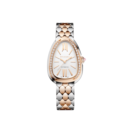 Serpenti Seduttori automatic watch in 18 kt rose gold and stainless steel with diamond-set bezel and white opaline dial. Water-resistant up to 30 metres 104058 image 1